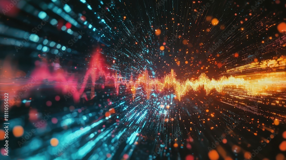 Poster abstract visualization of sound waves and digital data particles in vibrant colors creating a dynami