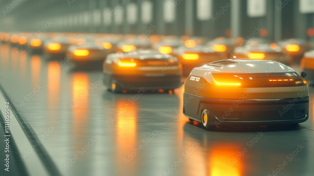 Poster a futuristic factory featuring an assembly line of autonomous robots with glowing orange lights, tra