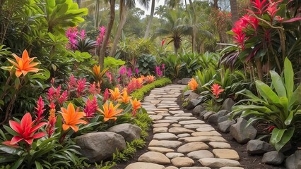 Tropical Garden Pathway With Blooming