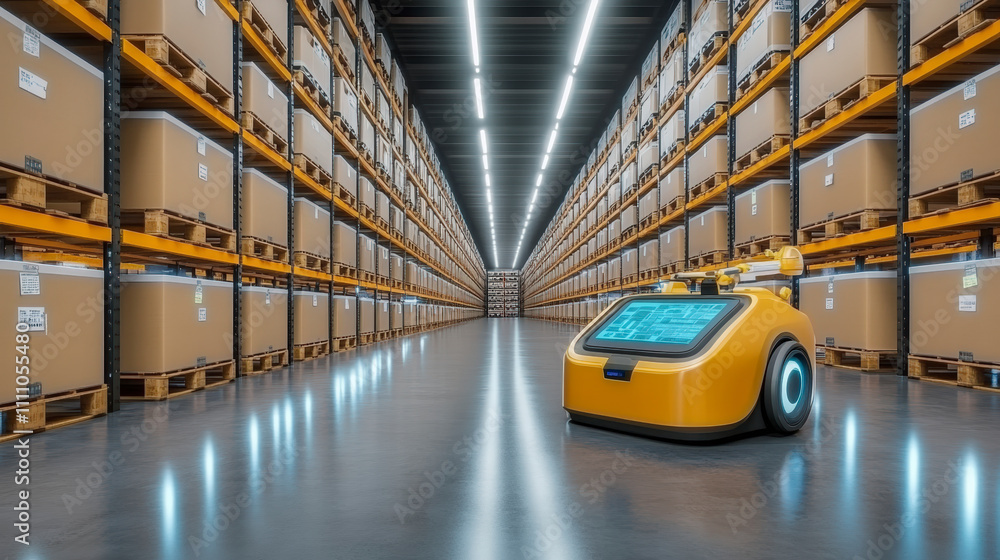 Poster a modern warehouse with tall shelves filled with boxes and a robotic vehicle navigating the aisle un