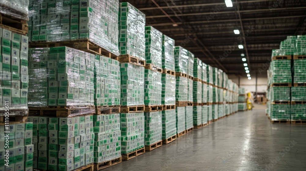 Poster efficient warehouse storage with neatly stacked pallets of products in a large industrial space read