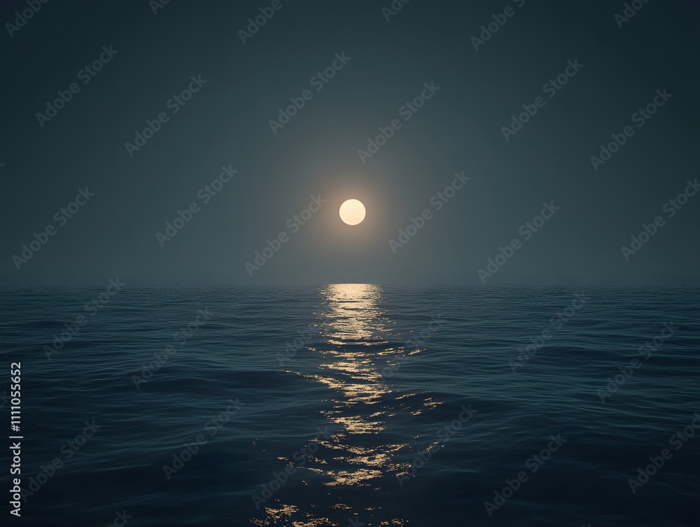 Poster tranquil night scene with full moon over calm ocean waves reflecting soft light in a serene and peac