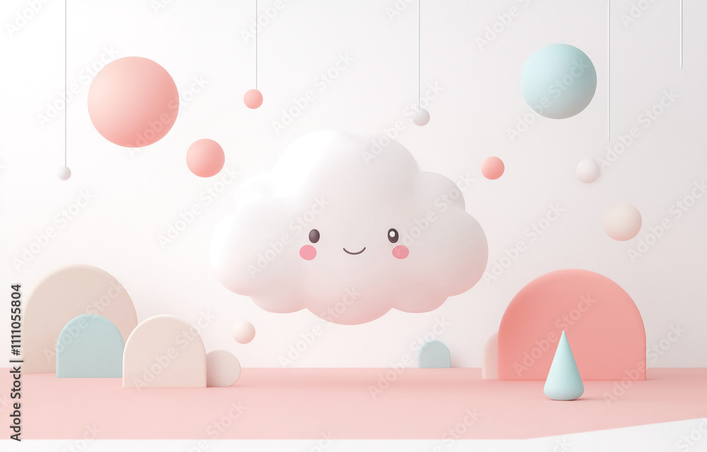 Aufkleber Colorful pastel cloud and geometric shapes creating a whimsical decorative display in a bright setting
