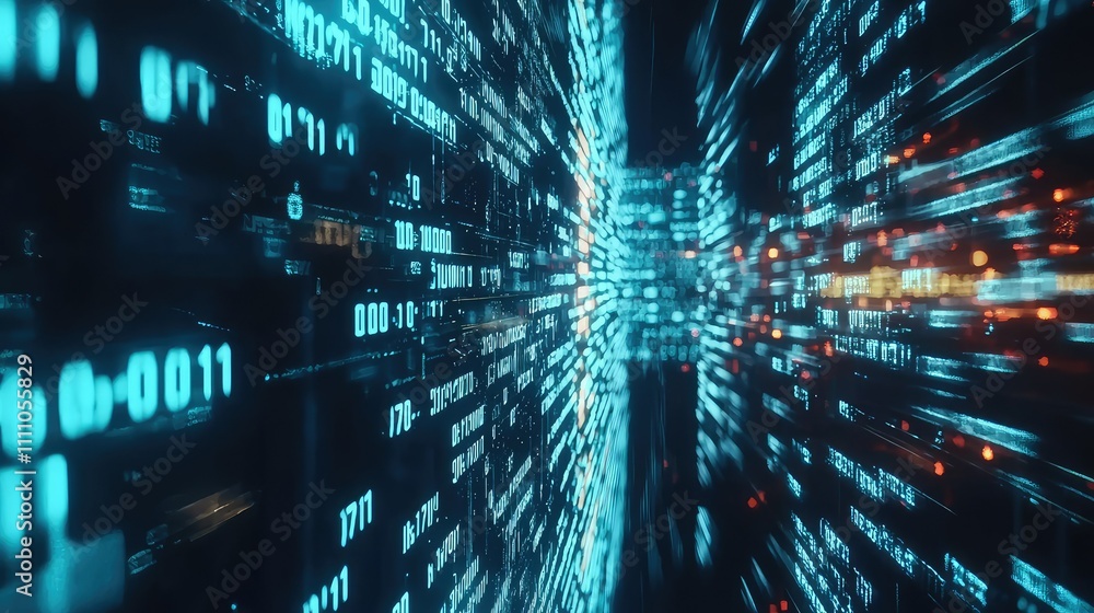 Poster futuristic digital data flow representing information technology, big data, and cybernetics amidst a