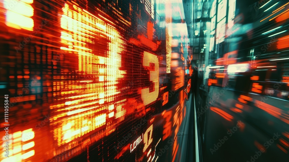Poster blurred stock market display with glowing numbers and data streams amidst a futuristic technology en