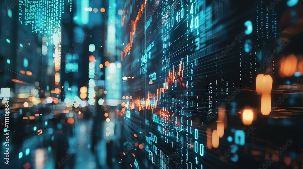 Poster futuristic cityscape with digital data visualization representing artificial intelligence, big data,