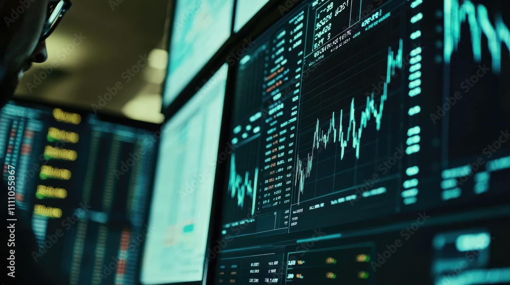 Aufkleber a close-up view of a professional analyst examining financial graphs and stock market data on multip
