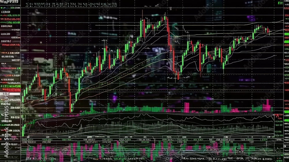 Aufkleber financial market analysis with advanced charts and indicators, capturing trends in stock prices and 