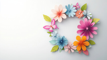 Obraz premium vibrant 3D paper cut floral wreath featuring colorful flowers and butterflies, perfect for spring decorations. This cheerful design adds touch of nature to any space