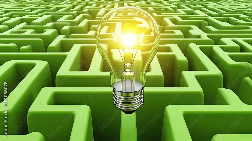 Poster light bulb in green maze symbolizing problem solving and ideas