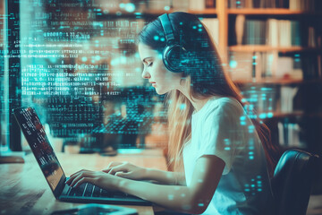 Focused woman wearing headphones programming on a laptop with an abstract digital data overlay in a modern workspace for technology and innovation themes