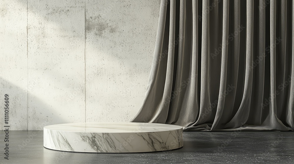 Poster modern minimalist studio space with textured gray curtain and round marble display pedestal on smoot
