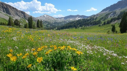 Vibrant Meadow Landscape with Colorful Wildflowers and Majestic Mountain Peaks Under a Clear Blue Sky in the Summer Sunshine