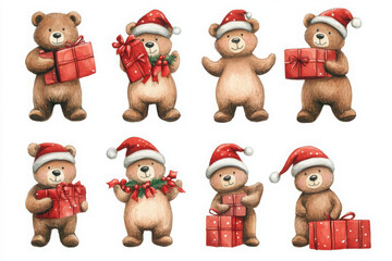 Cute bears wearing Santa hats hold festive presents, spreading holiday cheer. Their joyful expressions and colorful gifts create delightful scene perfect for Christmas celebrations