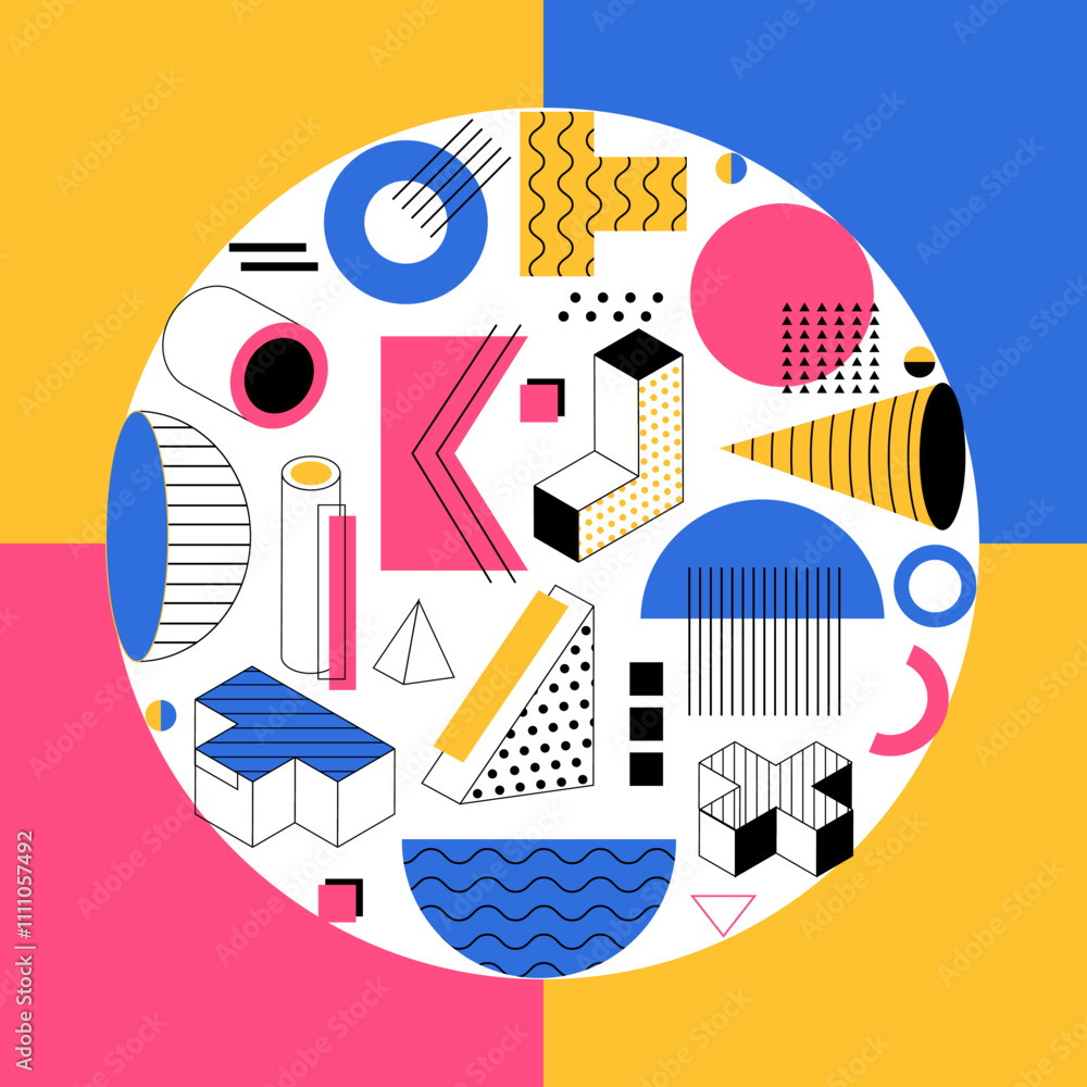 Poster Geometric background. Abstract colorful creative elements. Square poster with circle form. Minimalist contemporary bright colorful pattern with geometrical figures. Memphis vector illustration