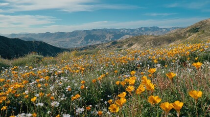 Fototapeta premium Scenic Landscape of Vibrant Wildflowers in a Rolling Hillside Under a Bright Blue Sky with Majestic Mountains in the Distance, Showcasing Nature's Splendor and Tranquility