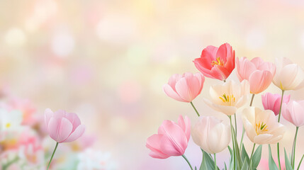 Obraz premium A soft, dreamy bouquet of pink and white tulips with a gentle pastel background, creating a serene and elegant floral scene.