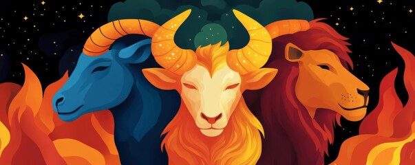 Naklejka premium Aries, Leo, and Sagittarius depicted as glowing celestial warriors, fire signs celestial warriors, dynamic zodiac energy