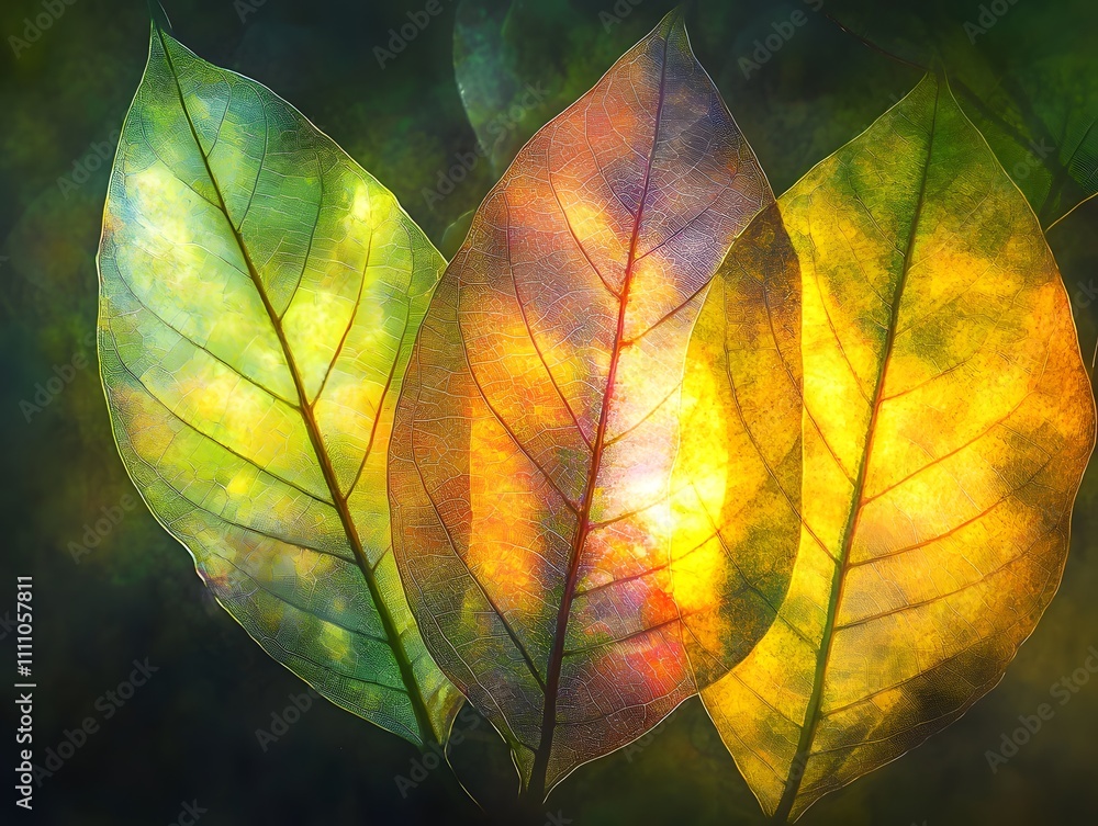 Poster vibrant colorful leaves displaying rich textures and natural patterns in an artistic arrangement for