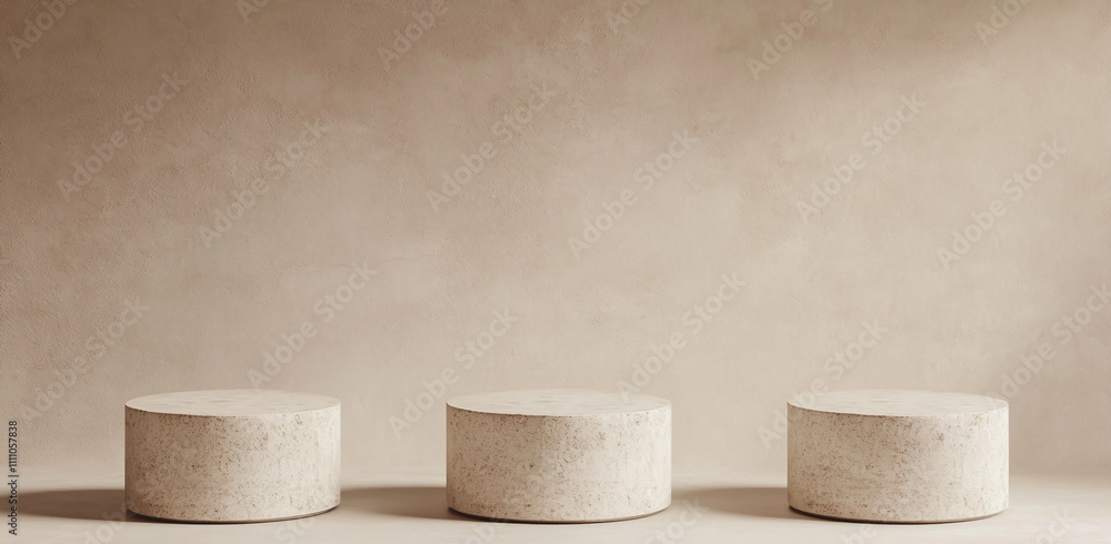 Poster Minimalist display featuring three round platforms against a neutral backdrop in a modern setting