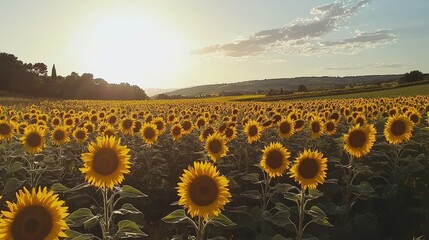 Obraz premium Majestic Sunflower Field Under Bright Golden Sunlight with a Stunning Blue Sky and Fluffy Clouds in the Background Creating a Serene Natural Landscape Scene