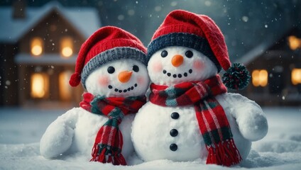 Fototapeta premium two snowmen in red hats
