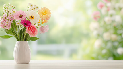 A white vase holds a vibrant bouquet of assorted flowers on a wooden table, set against a blurred, sunlit garden background.