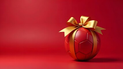 Soccer ball, gift with gold bow on red background