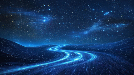 Fototapeta premium mesmerizing abstract blue background featuring winding path illuminated by speed light, set against starry night sky. scene evokes sense of wonder and tranquility
