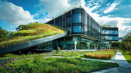 Fototapeta premium Modern Architectural Marvel with Green Roof and Lush Landscaping Showcasing Sustainability and Innovation in Urban Design Near Blue Sky and Fluffy Clouds