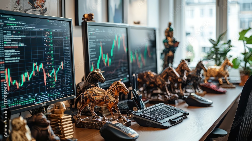 Poster modern trading desk with multiple monitors displaying stock market data surrounded by golden horse f