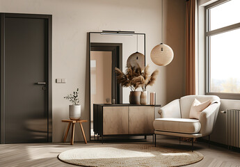 Warm entryway featuring a soft armchair, a chic wooden console table, a decorative mirror, and pampas grass accents for an inviting and elegant design