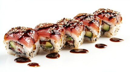 Gourmet sushi rolls with fresh tuna, sesame seeds, avocado, and drizzled soy sauce against a plain white background for a culinary stock photo