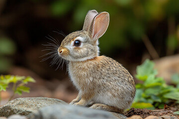 Fototapeta premium Adorable Baby Rabbit Sitting On A Rock Outdoors
