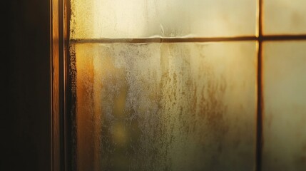 A Window Pane Covered in Condensation with Golden Sunset Light