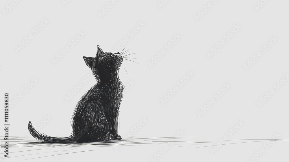 Poster black cat drawn in minimalist style looking up at empty space with attention and curiosity, captivat
