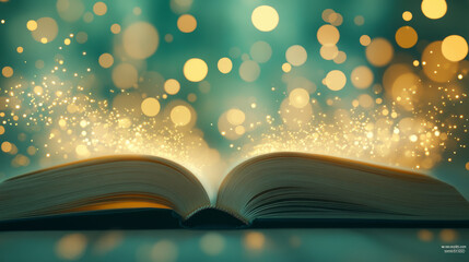 An open book emits magical, glowing orbs of light, creating an enchanting atmosphere. It's a captivating representation of imagination and the power of storytelling. © Nano Photos