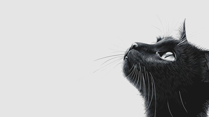 Elegant black cat gazing upwards with a serene expression, showcasing detailed fur textures against a minimalistic background