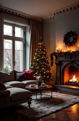 Christmas tree in the living room with cozy plaids on the sofa or sofa, decorative pillows, fireplace and cozy atmosphere