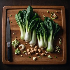 A Chinese cooking scene with bok choy, ginger, and scallions on a chopping board.
