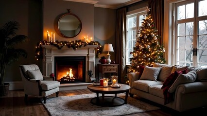 Fototapeta premium Christmas tree in the living room with cozy plaids on the sofa or sofa, decorative pillows, fireplace and cozy atmosphere