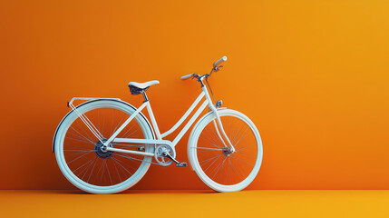 White bicycle with minimalist design against vibrant orange backdrop creating an eye-catching modern visual for creative projects and marketing materials