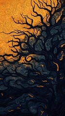 Mystical forest artwork blending pyrography textures with digital art techniques for a magical and atmospheric visual experience.