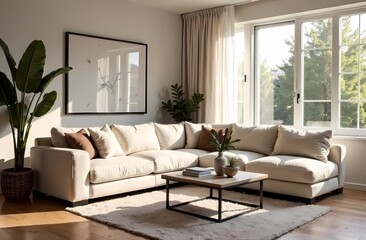 Fototapeta premium Bright living room with a large comfortable sofa, natural light, elegant decor, cozy and modern atmosphere