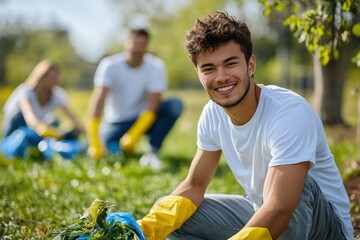 Smiling young man with a group of volunteers cleaning a park on a sunny day. Teamwork, environmental care, making a positive impact.