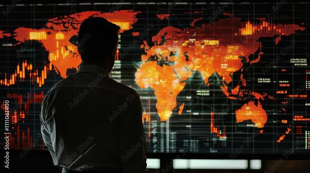 Poster professional in front of digital world map with financial data analyzing trends and statistics in bu