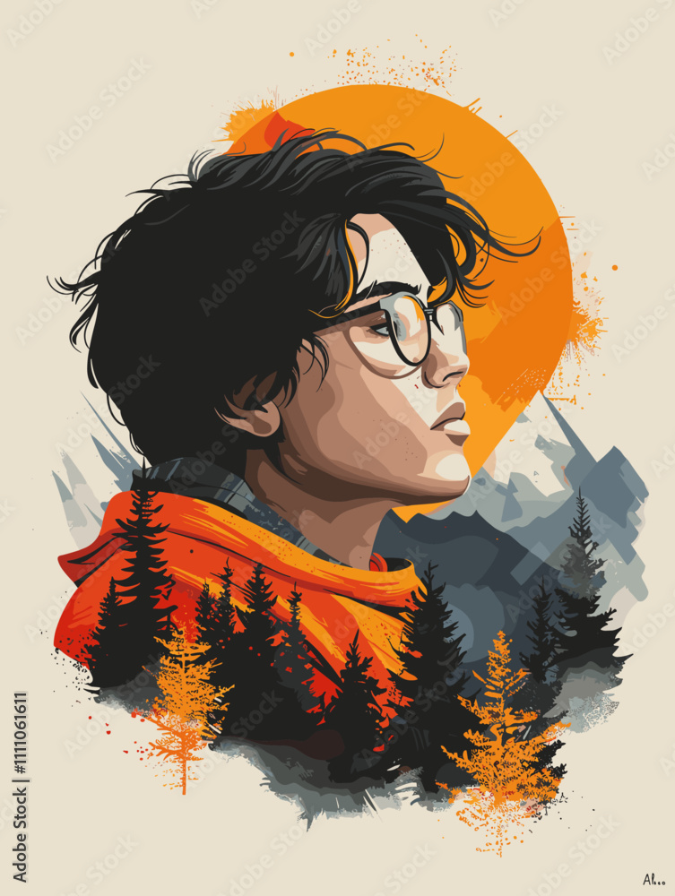 Poster man with glasses and a red hoodie is looking at the camera. the background features a forest with tr