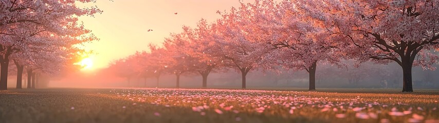 Fototapeta premium A tranquil sunset scene featuring blooming cherry blossom trees with pink petals scattered on the grass, evoking a serene and picturesque atmosphere.