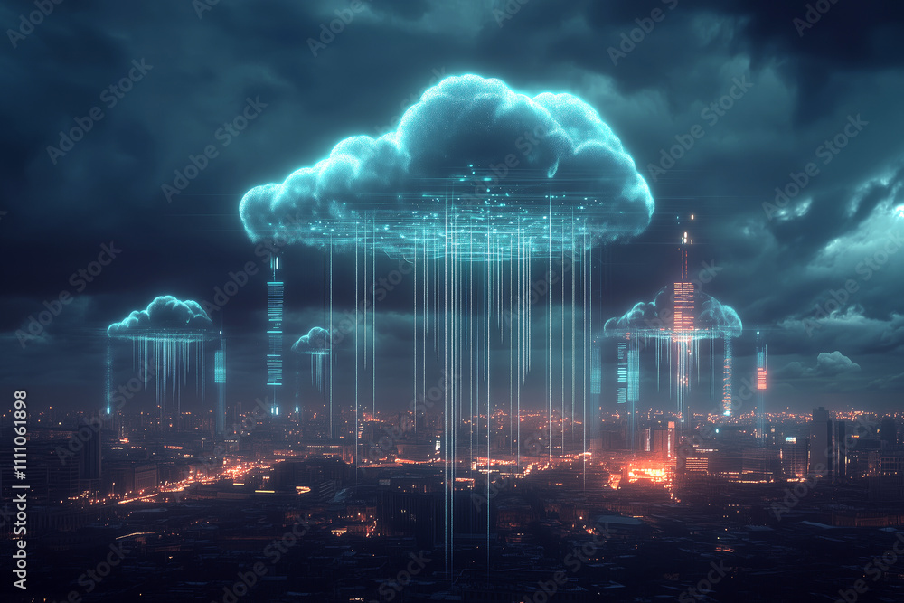 Poster concept of cloud computing, with digital clouds above a cityscape, connected to various devices via 
