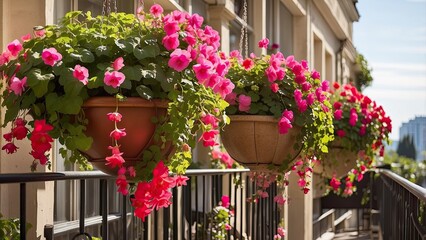 Naklejka premium Lush hanging baskets filled with trailing fuchsia and ivy geraniums on a sunny balcony.
